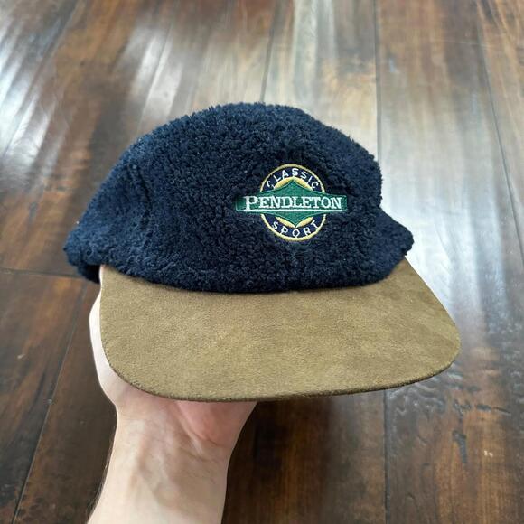Pendleton Other - Pendleton Sport Hat Fleece Suede Flap Camp Navy USA Made Vtg 90s
